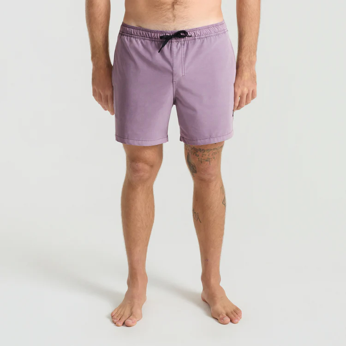 Men wearing washed dusty lilac Shorey boardshorts with black drawstring, standing front-facing on white background