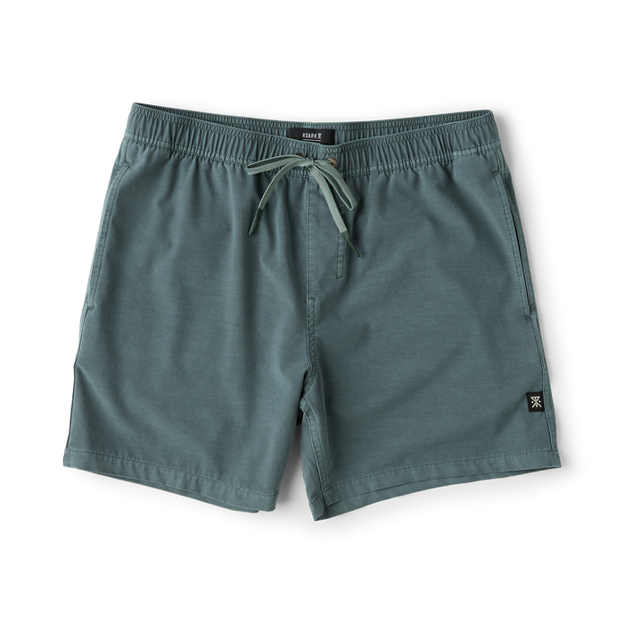 Shorey Boardshorts in washed slate green with drawstring waist and small brand logo on flat lay against white background