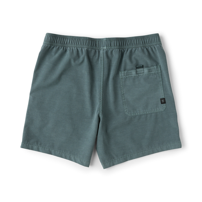 Washed slate green Shorey boardshorts with elastic waistband and back pocket, displayed flat on white background