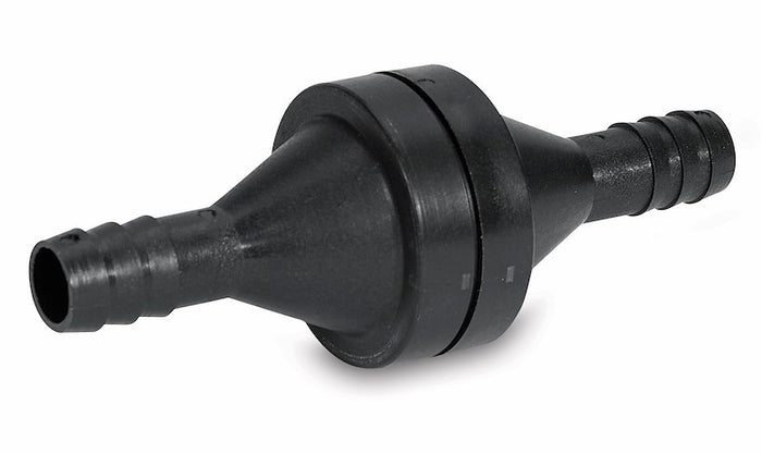 Black SHURflo 1/2 Inch Hose Barb Fresh Water Check Valve 340-001 - Side View | United RV Parts