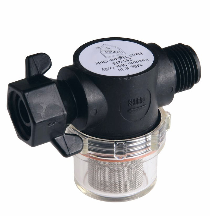 SHURflo 255-315 Black Plastic Swivel Strainer with Clear Mesh Bowl - Angled View | United RV Parts