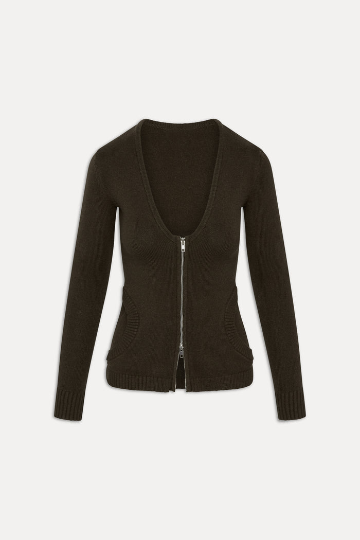 Sienna Zip Up Knit Sweater - Chocolate Brown