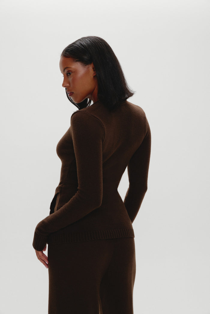 Sienna Zip Up Knit Sweater - Chocolate Brown