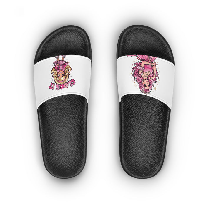 Slide Sandals — Cute Pink Glamour Girl Graphic Slides for Women