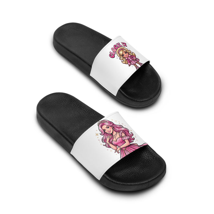 Slide Sandals — Cute Pink Glamour Girl Graphic Slides for Women