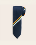 Navy blue tie with white, green, and yellow stipe