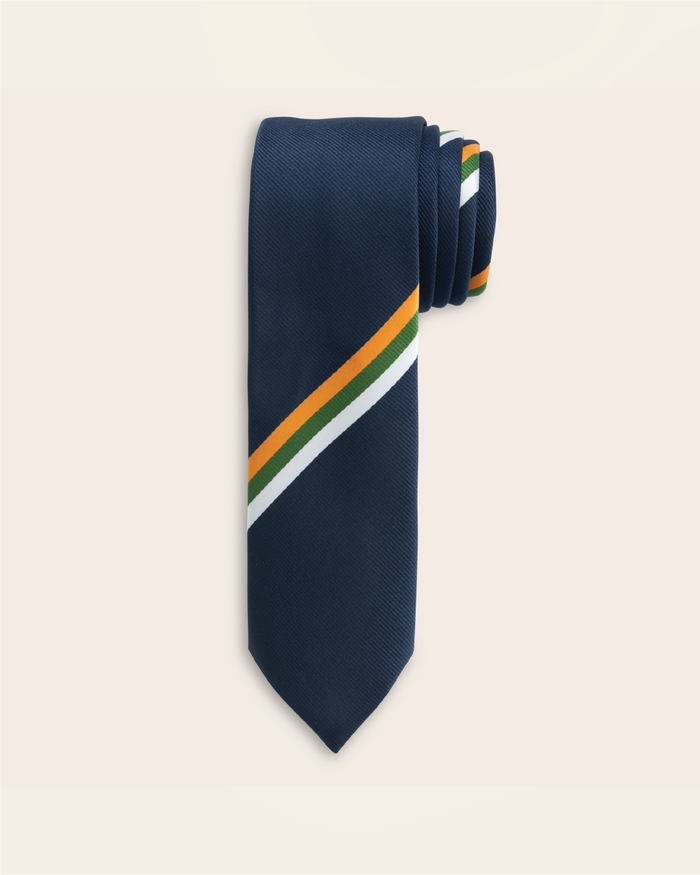 Navy blue tie with white, green, and yellow stipe