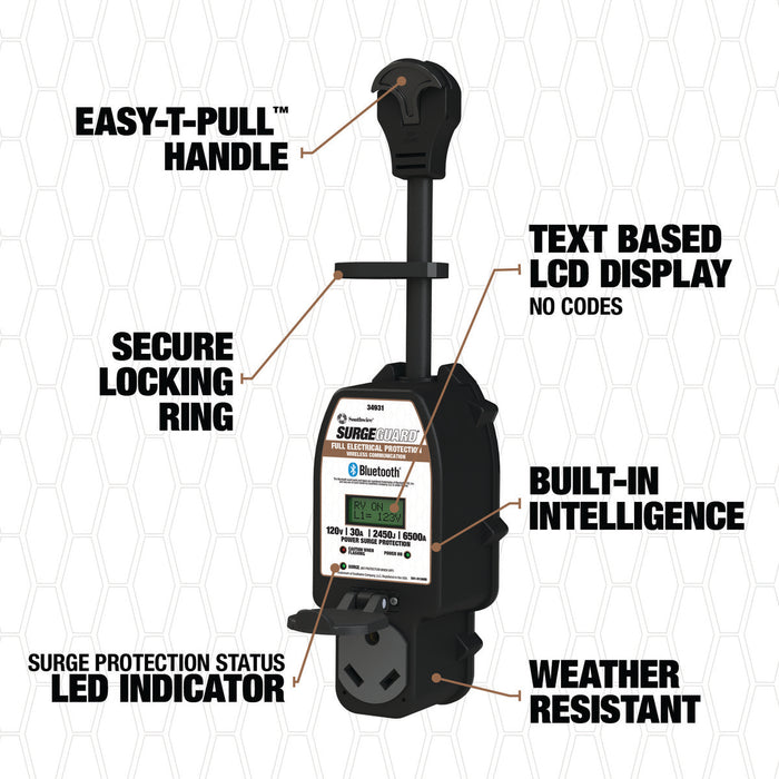 Southwire Surge Guard Features Diagram - Easy-T-Pull Handle & LCD Display | United RV Parts
