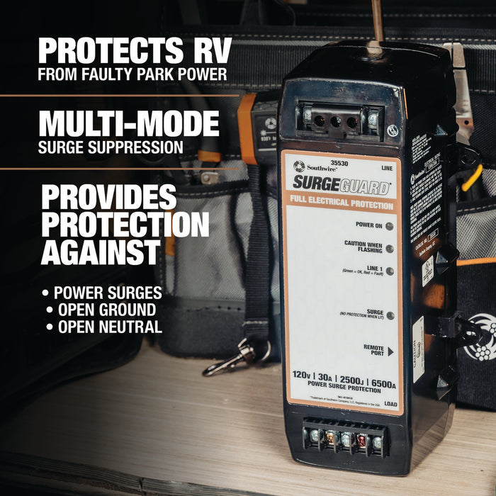 Southwire Surge Guard 35530 Protection Features Infographic - Multi-Mode Surge Suppression | United RV Parts