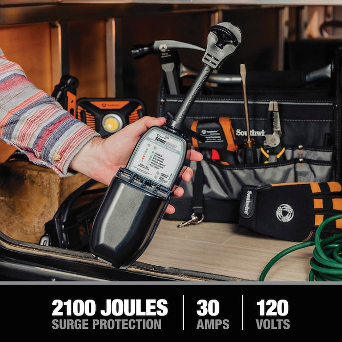 Black Southwire Surge Guard - 2100 Joules Protection Hand Held View | United RV Parts