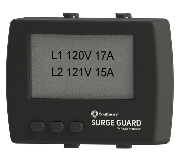 Black Southwire Surge Guard 40301 Wireless LCD Display showing voltage readings - Front View | United RV Parts