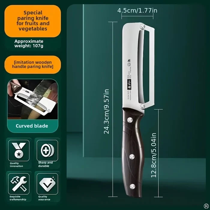 Stainless steel peeler with wooden handle for peeling and slicing fruits and vegetables