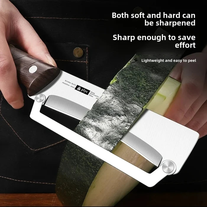 Stainless steel peeler with wooden handle for peeling and slicing fruits and vegetables