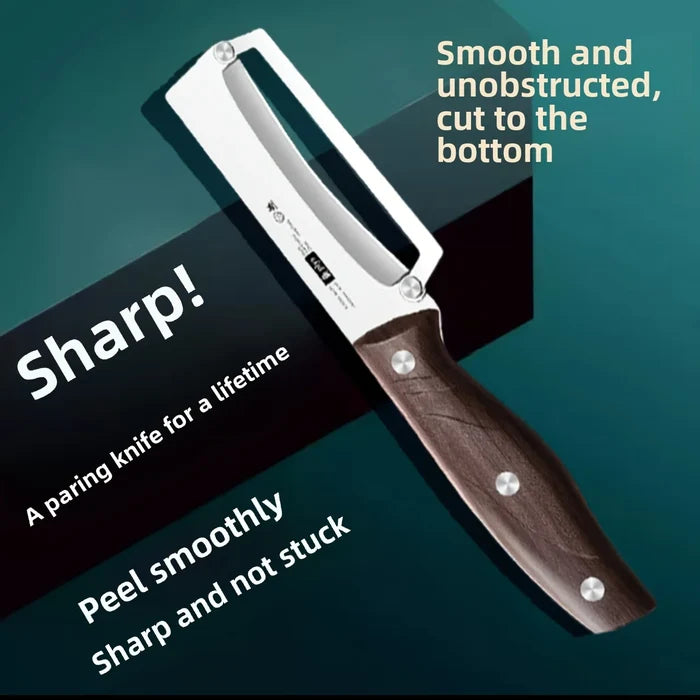 Stainless steel peeler with wooden handle for peeling and slicing fruits and vegetables