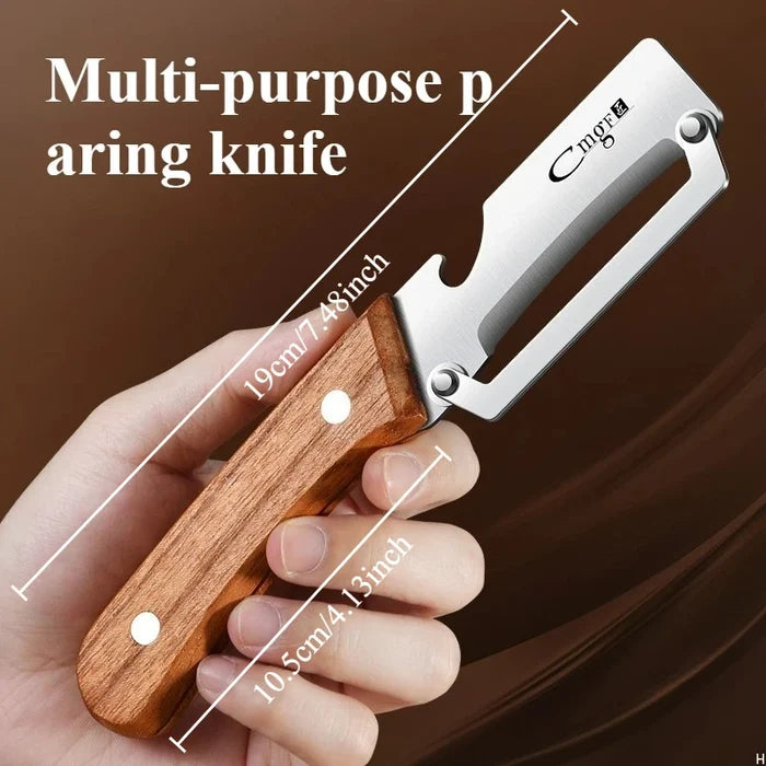 Stainless steel peeler with wooden handle for peeling and slicing fruits and vegetables
