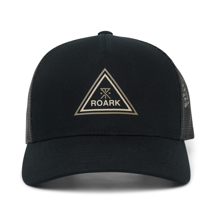 Black Roark Station Trucker hat with tan triangular logo and mesh panels on sides, front view on white background