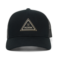 Black Roark Station Trucker hat with tan triangular logo and mesh panels on sides, front view on white background