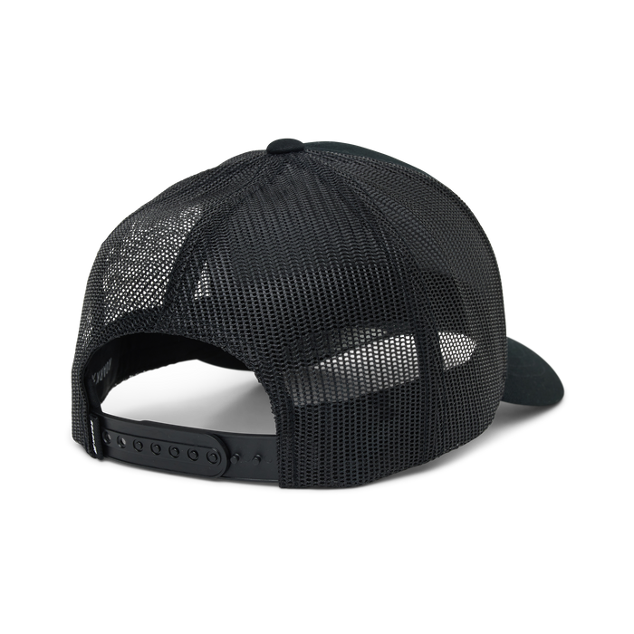 Black mesh trucker hat with snapback closure, shown from back angle on white background
