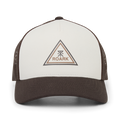Brown and cream Roark Station Trucker hat with mesh panels, triangle logo embroidered on front panel in flat lay view