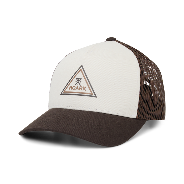 Roark Station Trucker Tricamp Snapback Hat in dark brown and cream with mesh back panels and triangle logo on front