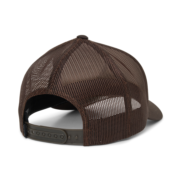 Dark brown trucker hat with mesh back panel and snapback closure shown from rear angle view