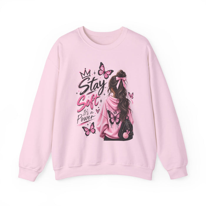 Stay Soft Crewneck Sweatshirt — Pink Butterfly Girl Graphic