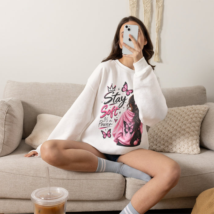 Stay Soft Crewneck Sweatshirt — Pink Butterfly Girl Graphic