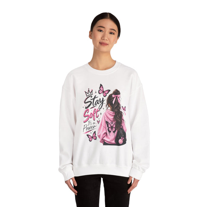 Stay Soft Crewneck Sweatshirt — Pink Butterfly Girl Graphic