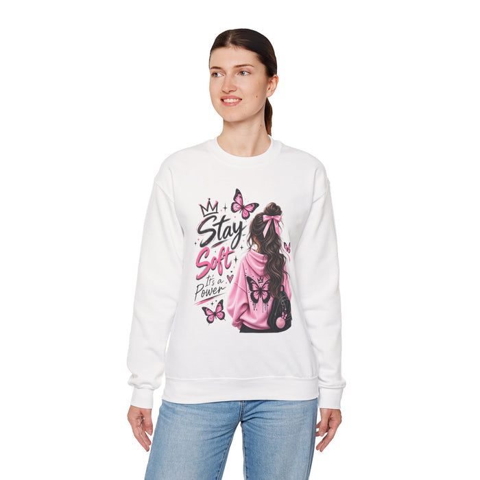 Stay Soft Crewneck Sweatshirt — Pink Butterfly Girl Graphic