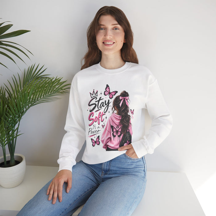 Stay Soft Crewneck Sweatshirt — Pink Butterfly Girl Graphic