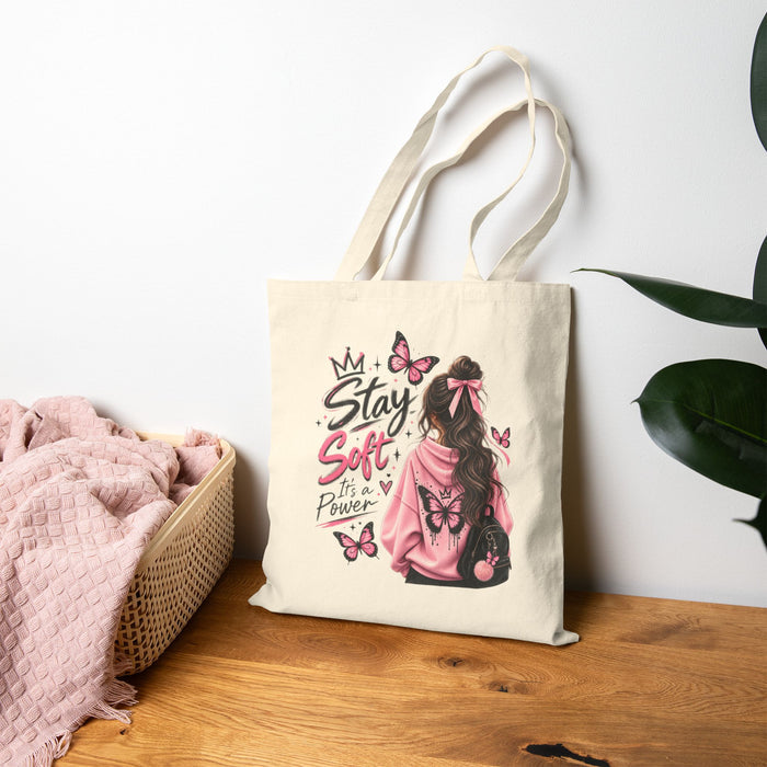 Stay Soft Girl Tote Bag – Inspirational Butterfly Canvas Tote