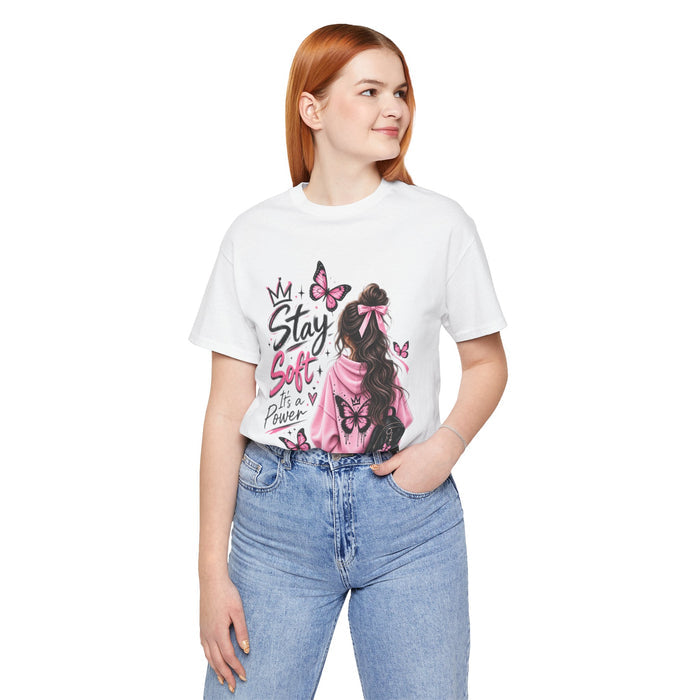 Stay Soft It's A Power T‑Shirt — Pink Butterfly Girl Graphic Tee