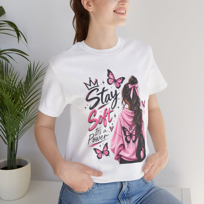 Stay Soft It's A Power T‑Shirt — Pink Butterfly Girl Graphic Tee