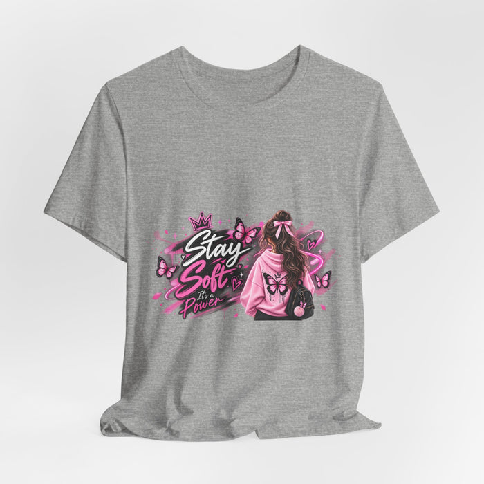 Stay Soft Tee — Pink Butterfly Girl Graphic T-Shirt