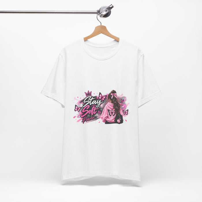 Stay Soft Tee — Pink Butterfly Girl Graphic T-Shirt