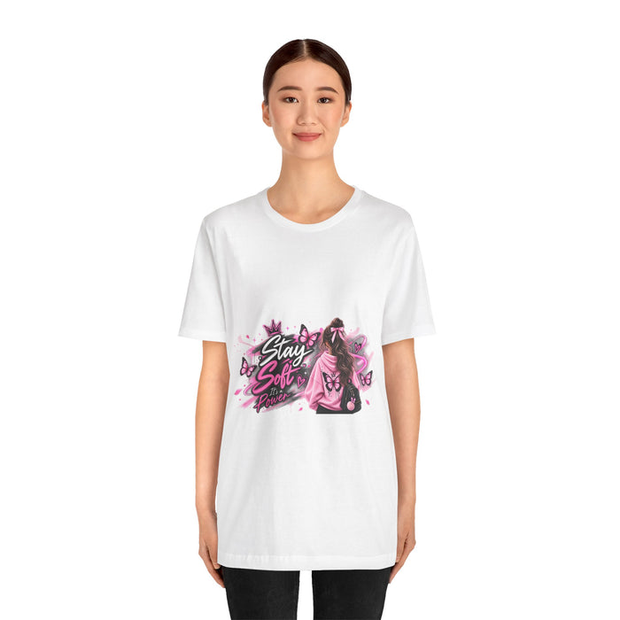 Stay Soft Tee — Pink Butterfly Girl Graphic T-Shirt
