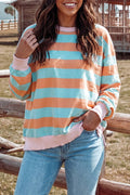 Stripe Colorblock Pullover Long Sleeve Top: Orange Stripe / S