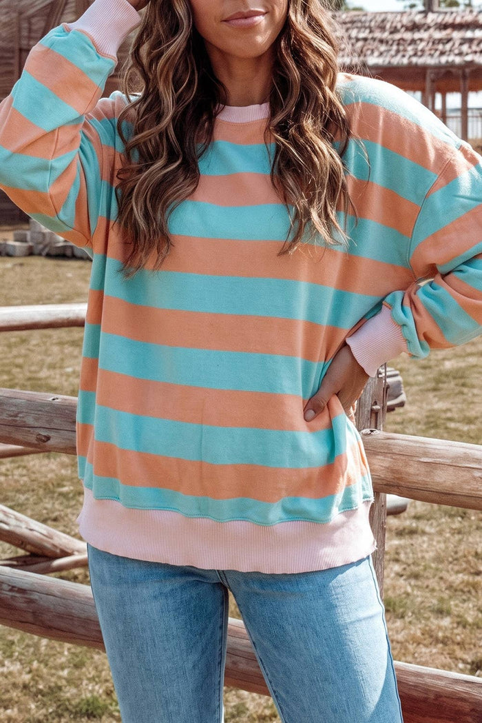 Stripe Colorblock Pullover Long Sleeve Top: Orange Stripe / S