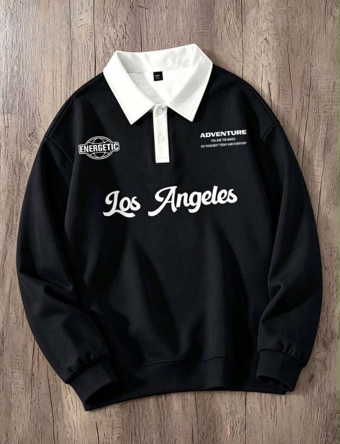 Sudadera Negra con Cuello Blanco de Botones Talla L