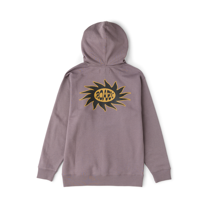 Roark Sunbeam Hoodie in shark gray with yellow and black sun graphic on back, displayed flat lay view