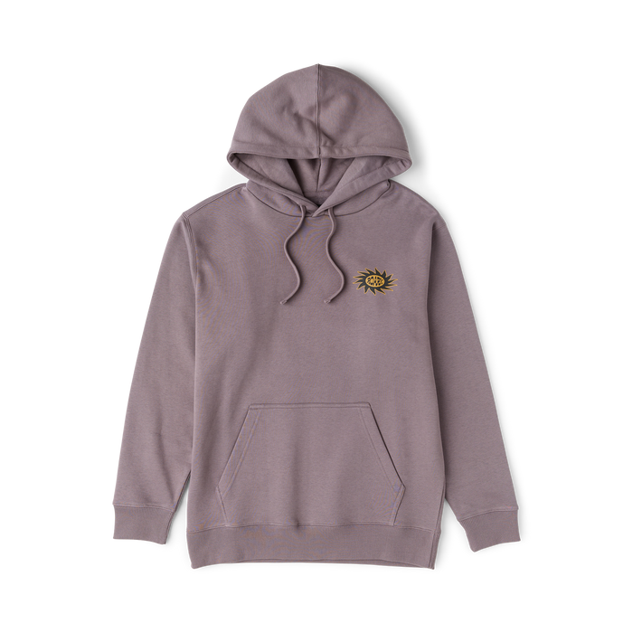 Shark gray Sunbeam hoodie with small yellow sun emblem on chest, displayed flat lay against white background