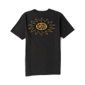 Black short-sleeve t-shirt with gold sunflower graphic and Roark text in center on flat lay background