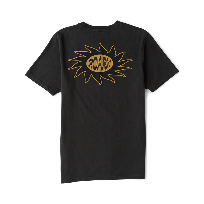 Black short-sleeve t-shirt with gold sunflower graphic and Roark text in center on flat lay background