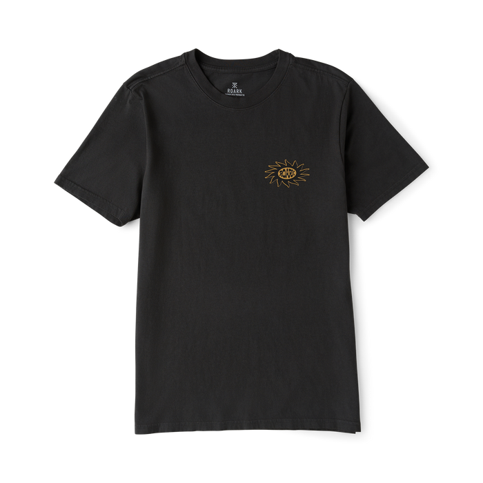 Black Sunbeam Premium Tee with small gold sun logo on chest, displayed flat on white background
