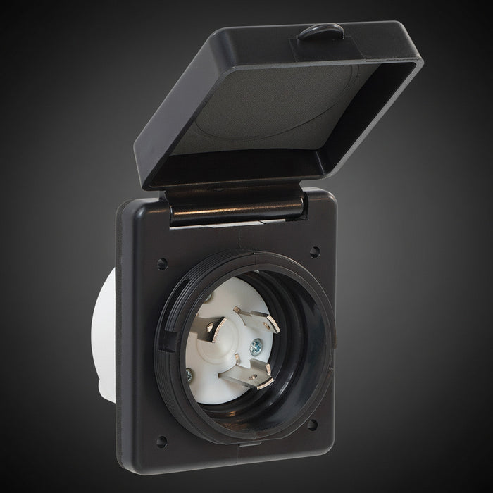 Black 30 Amp RV Power Inlet 30ABKINLET - Cover Open Front View Showing Twist-Lock Receptacle | United RV Parts