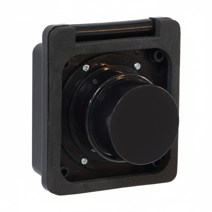 Black 30 Amp RV Shore Power Inlet 30ABKINLET - Rear Angle with Protective Cap Installed | United RV Parts