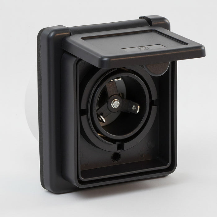 Black 30 Amp RV Shore Power Inlet 30ABKINLET - Angled Front View Cover Partially Open 125V Rating | United RV Parts