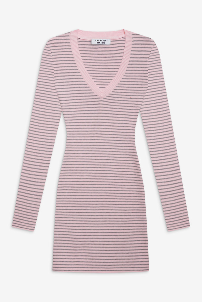 Sweetheart v neck dress grey and pink rosewater stripe