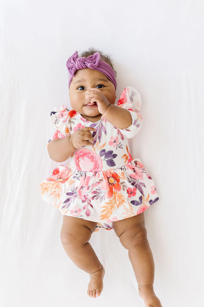 Tangerine Leaves 3/4 Sleeve Flutter Twirl Bodysuit-Mila & Rose ®