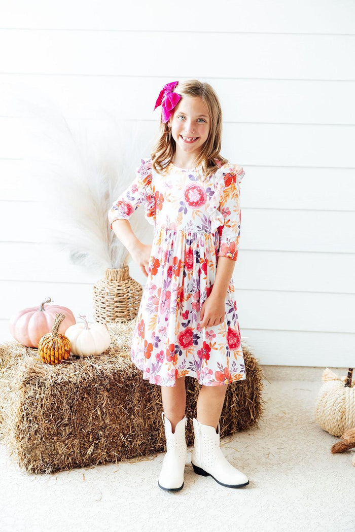 Tangerine Leaves 3/4 Sleeve Ruffle Twirl Dress-Mila & Rose ®